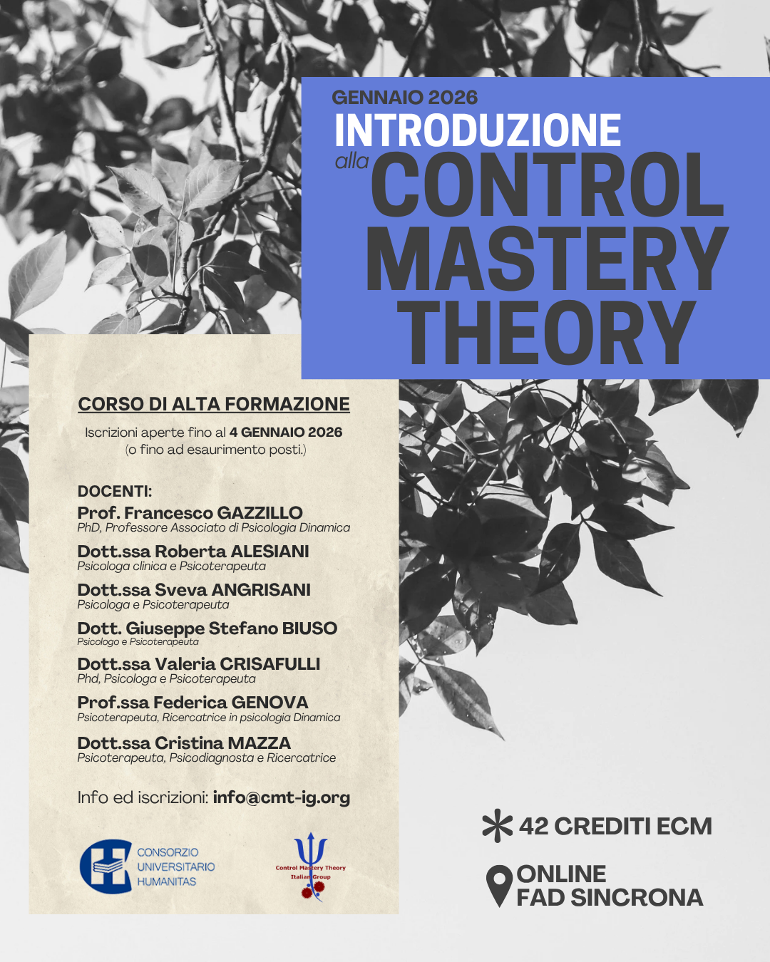 Locandina del corso di Introduzione alla Control Mastery Theory 2026 del CMT-IG